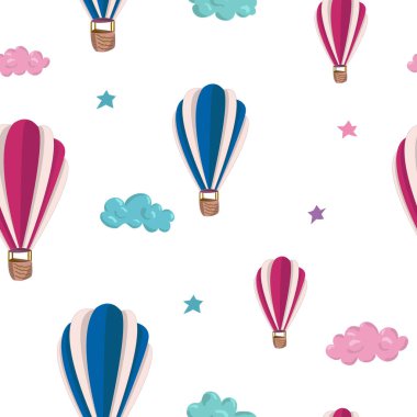Pembe ve mavi hava balonlarıyla kusursuz desen, yıldızlar ve bulutlar. El çizimi vektör çizimi. Duvar kağıtları için kusursuz desen, çocuklar için tekstil, kartlar, kırtasiye, ambalaj.