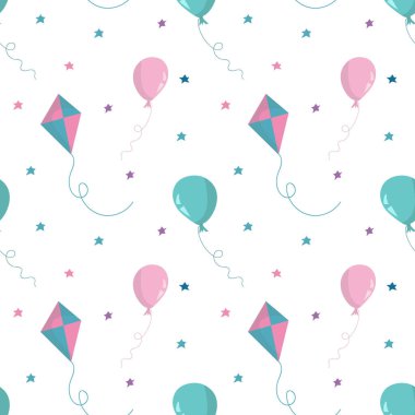 Pembe ve mavi hava balonları, uçurtmalar ve yıldızlarla kusursuz desen. Duvar kağıtları, tekstil, kartlar, kırtasiye malzemeleri için desen
