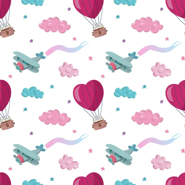 Seamless pattern with pink heart shape air balloons, plane and clouds. Pattern for wallpapers,textile, cards, stationery — Stock Vector