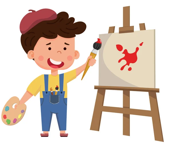 Artista sorridente menina menino pintura imagem na tela no cavalete. Educação artística infantil. Ilustração de caráter vetorial plano. — Vetor de Stock