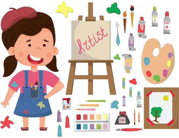 Sorrindo artista menina pintura imagem na tela no cavalete. Educação artística infantil. Ilustração de caráter vetorial plano. — Vetor de Stock