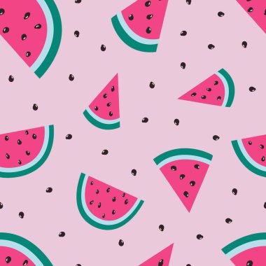 Karpuzlu kusursuz desen. Tekstil için renkli desen. Pembe arka planda karpuz. Vektör illüstrasyonu