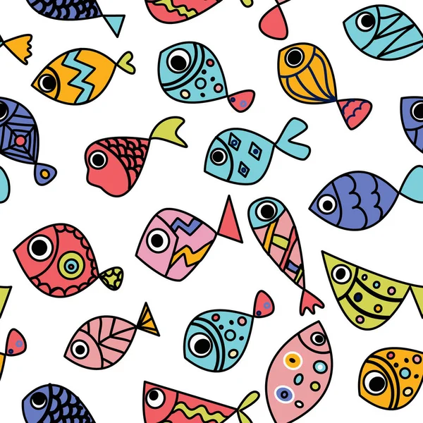 Seamless pattern whith cute hand draw fishes. Line art doodle illustration whith bright exotic fishes. — Stockvector