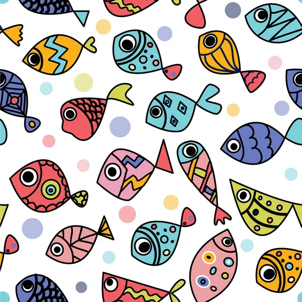 Seamless pattern whith cute hand draw fishes. Line art doodle illustration whith bright exotic fishes. — Stockvector