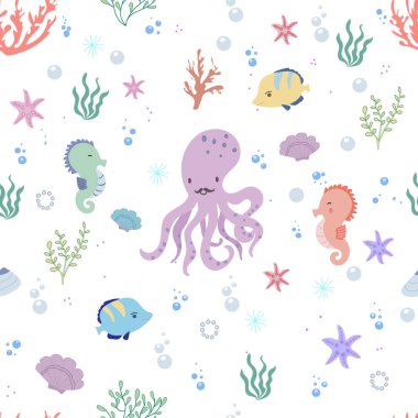 Deniz hayvanları, balıklar, mercanlar ve deniz kabukları. Su altı dünyası, elle çizilmiş karalama vektör çizimi.