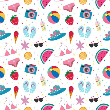 Yaz tatili öğeleriyle kusursuz bir düzen. Plaj ve seyahat elementlerinin el çizimi çizimleri. Vektör illüstrasyonu.