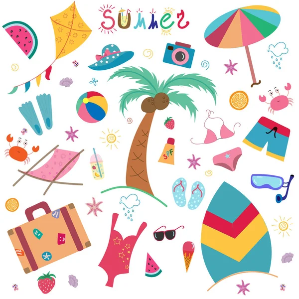 Gran vector conjunto de elementos de vacaciones de verano. ilustración garabato dibujado a mano de la playa y los elementos de viaje. — Vector de stock