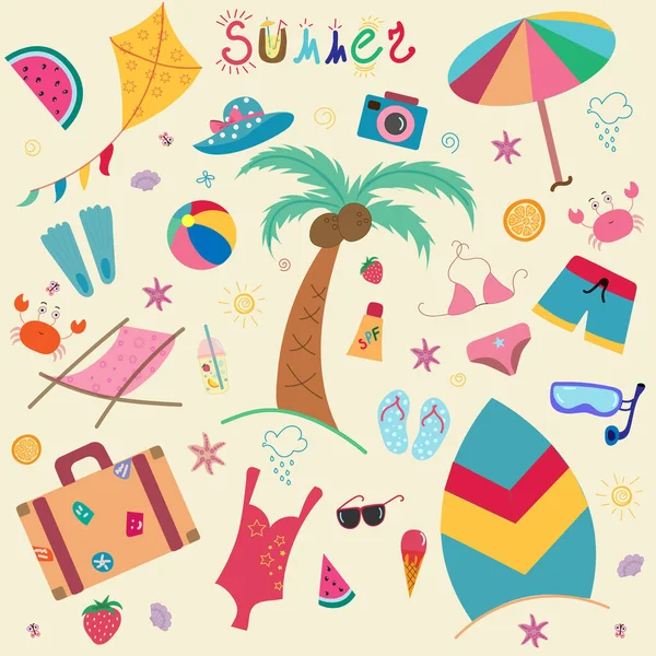 Gran vector conjunto de elementos de vacaciones de verano. ilustración garabato dibujado a mano de la playa y los elementos de viaje. — Vector de stock