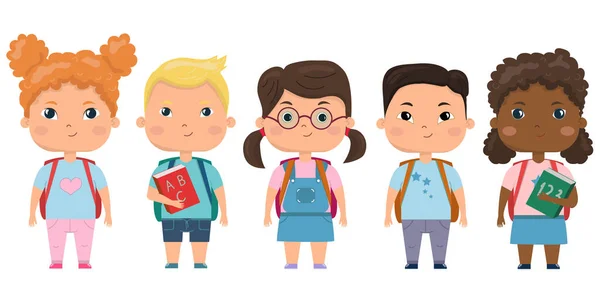 Conjunto de escolares con útiles escolares.Alumnos con libros y mochilas. Conjunto vectorial de niños en edad preescolar de nacionalidad diferente. — Vector de stock