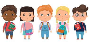 Okul malzemeleri olan bir grup öğrenci. Kitapları ve sırt çantaları olan öğrenciler. Anaokulu çocuklarının vektör seti farklı uyruklu.