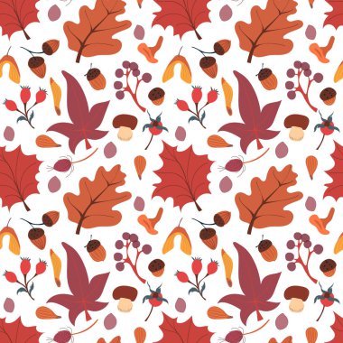 Mantar, yaprak, meşe palamudu ve böğürtlenli sonbahar deseni. Sonbahar vektör deseni.