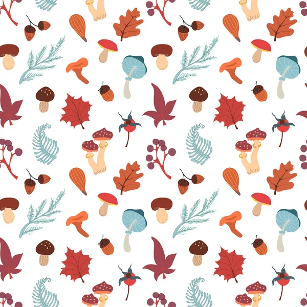 Autumn seamless pattern with mushrooms, leaves, acorns and berries. Fall vector pattern. — 스톡 벡터