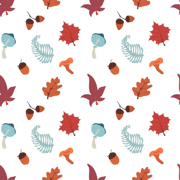 Autumn seamless pattern with mushrooms, leaves, acorns and berries. Fall vector pattern. — 스톡 벡터