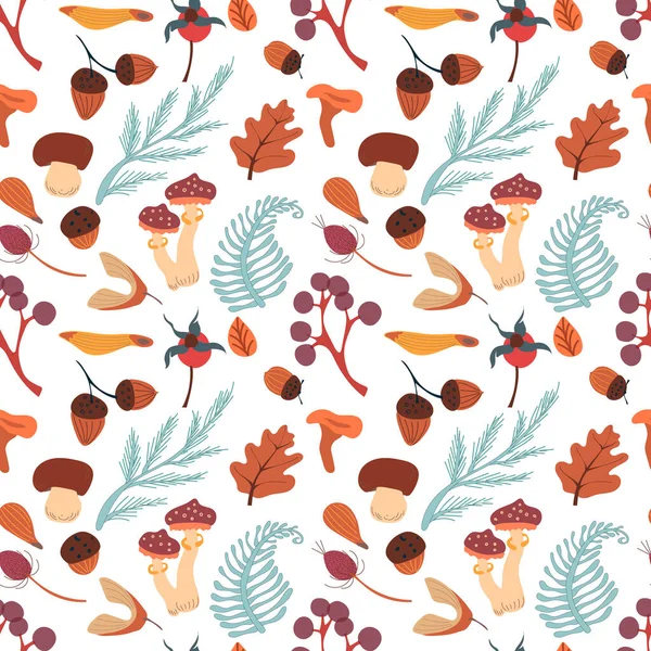 Herbstnahtloses Muster mit Pilzen, Blättern, Eicheln und Barren. Herbstvektormuster. — Stockvektor