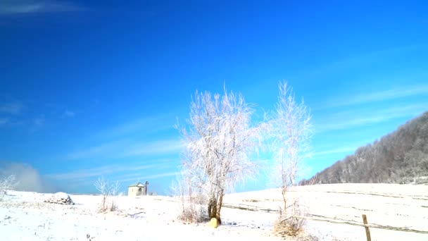 Inverno Paisagem Neve Aldeia Congelada Céu Azul Montanhas Natureza Frio — Vídeo de Stock