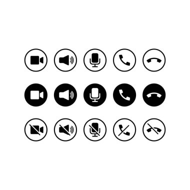 İletişim simgesi siyah ayarlandı. Kamera, ses, mikrofon, telefon ve çağrı düğmesi. Vektör EPS 10. Beyaz arkaplanda izole.