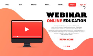 Çevrimiçi video eğitmenleri Bilgisayar eğitimi. Oyun konsepti. Giyin. Çevrimiçi eğitim, dersler. Oynat düğmeli bilgisayar. İnternet sitesi ve mobil site için çevrimiçi eğitimin modern daire tasarımı