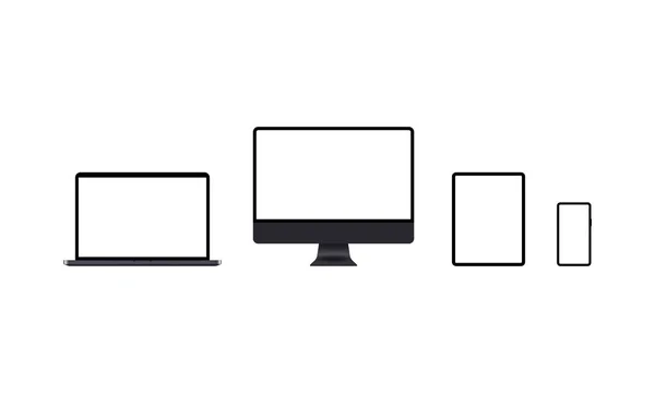 Ícone Dispositivos Definido Preto Laptop Monitor Computador Tablet Sinal Telefone — Vetor de Stock