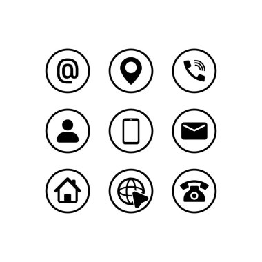 İletişim bilgi simgesi siyah ayarlandı. Arama, tarayıcı, telefon, mesaj, konum ve e-posta kodu. Vektör EPS 10. Beyaz arkaplanda izole.