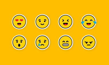 Emoji çıkartma seti. Duygu simgesi düz. Duygu Simgeleri Koleksiyonu. Vektör EPS 10. Beyaz arkaplanda izole.