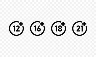 Yaş sınırlaması işareti. 12, 16, 18, 21 artı simge seti. Yetişkinlerin içerik simgesi. Sansürlü iş konsepti. Vektör EPS 10. Şeffaf arkaplanda izole.