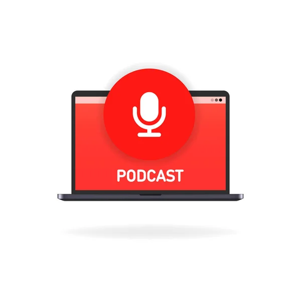 Podcast Ikonu Mikrofonlu Dizüstü Bilgisayar Radyo Yayını Vektör Eps Beyaz — Stok Vektör