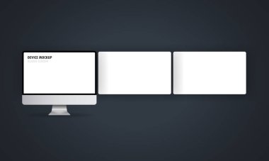 Boş ekran ve boş telgraf web sayfalı gümüş bilgisayar monitörü. Boş çerçeveyle görüntüyü takip et. Web projelerinizi sergilemek için web tasarımı konsepti. Vektör illüstrasyonu