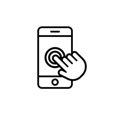 El ele tutuşup, beyaz ekrana tıklıyoruz. Akıllı cep telefonu kullanıyor. Vektör EPS 10. Beyaz arkaplanda izole.