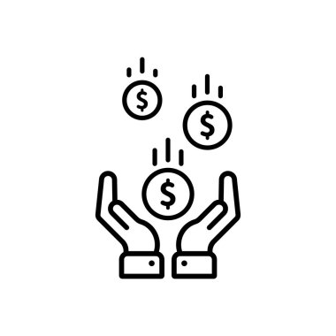 Bir yığın altın sikke çizgisi simgesini elinde tutuyor. Vektör EPS 10. Beyaz arkaplanda izole.