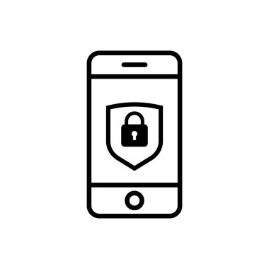 Akıllı telefon güvenlik doğrusal simgesi. Telefon koruma hattı simgesi. Siber savunma işareti. Güvenlik kalkanı sembolü. Cep telefonu kullanıcı doğrulaması. Giriş parolası. Vektör EPS 10