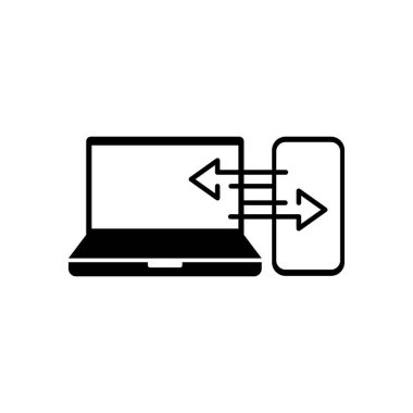 Laptop ve akıllı telefon arasındaki veri senkronizasyonu. Eşzamanlama simgesi. Akıllı telefon, defter.