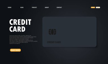 Kredi kartı illüstrasyonunun iniş sayfası şablonu. Kredi kartıyla birlikte web sayfası şablonu. Karanlık tema. Vektör EPS10. Görüntü arka planda izole edildi
