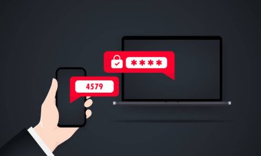 İki basamaklı kimlik doğrulama vektör çizimi. Akıllı telefon ve bilgisayar güvenliği girişi ya da imzası. İki aşamalı yetki kavramı. Akıllı telefondan doğrulama. Vektör illüstrasyonu.