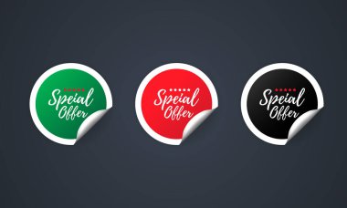 Özel teklif ikonu. Çıkartma hazır. İndirim vektörü. Özel teklif etiketleri hazır. Siyah, kırmızı ve beyaz yuvarlak etiketler. Satış etiketleri şablonu. İndirimli terfi. Vektör çizimi. EPS10