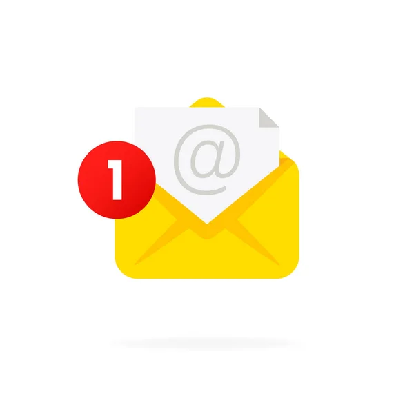 白い泡の黄色のメールエンベロープ 赤いマーカーでメール通知1つのメッセージ メッセージをお届けします 平型ベクトルイラスト — ストックベクタ