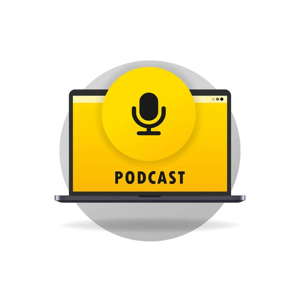 Podcast Dizüstü Bilgisayar Için Rozet Mikrofonu Ekranında Mikrofon Simgesi Olan — Stok Vektör