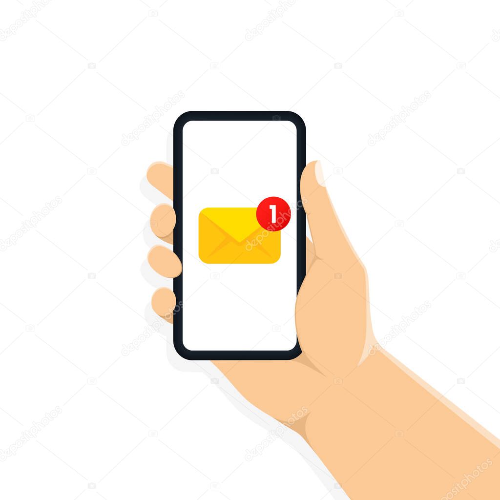 Email notification concept. New sms on smartphone. Illustration in flat design. New email or sms on smartphone screen. Vector EPS 10