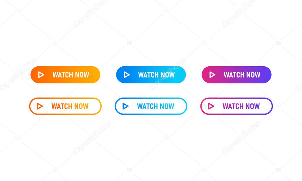 Watch now buttons icon set with colorful gradient. Watch now icon in flat style. Button for web site, label, banner, sticker, design template, icon and logo