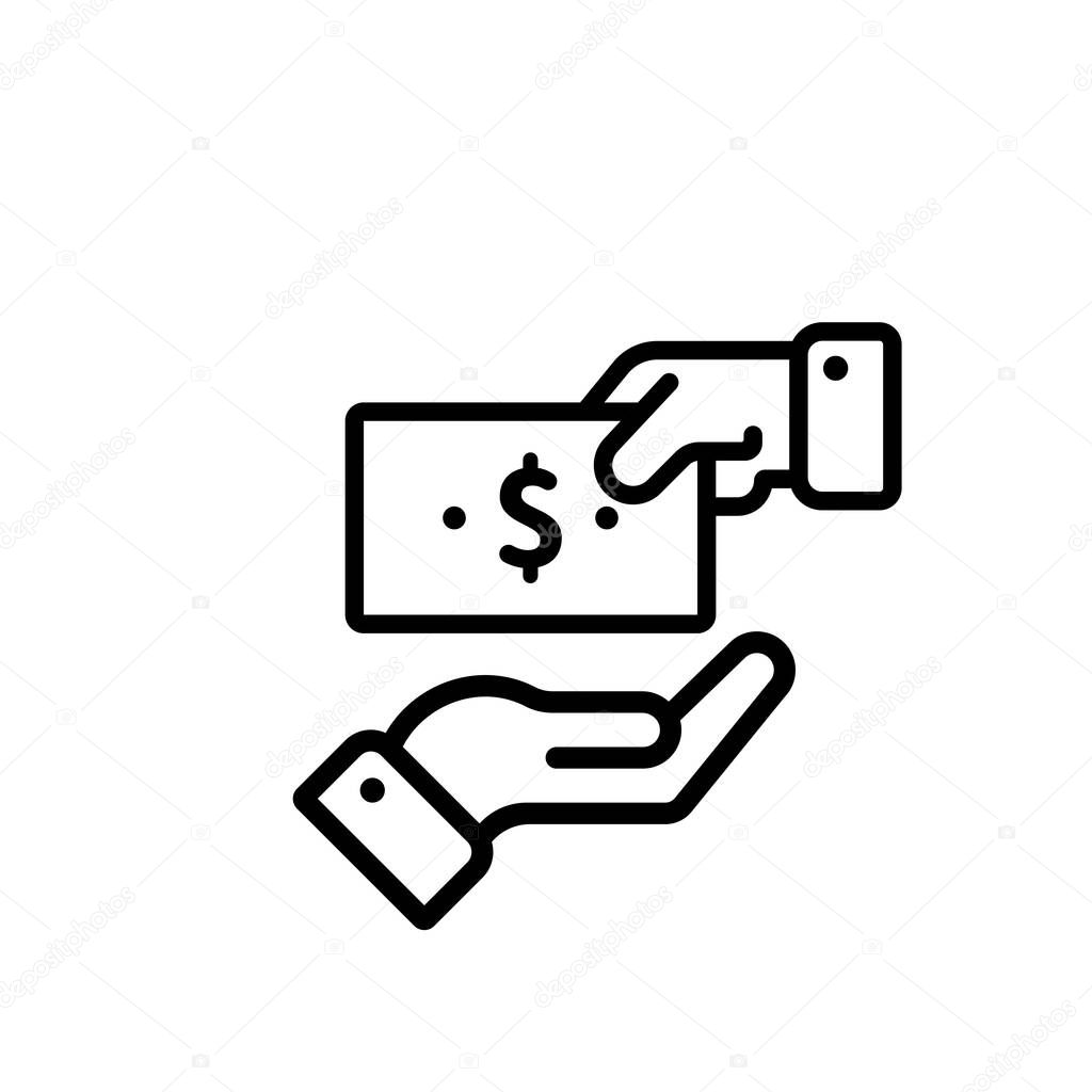 Give money outline icon. Payment with money. Hand holding paycheck icon