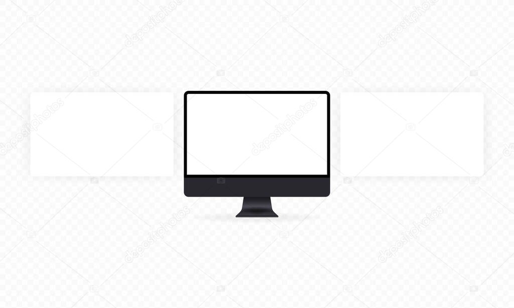 Space gray computer monitor mockup with blank web wireframing pages. The concept of web design. A layout to show a responsive app or web project. Vector illustration