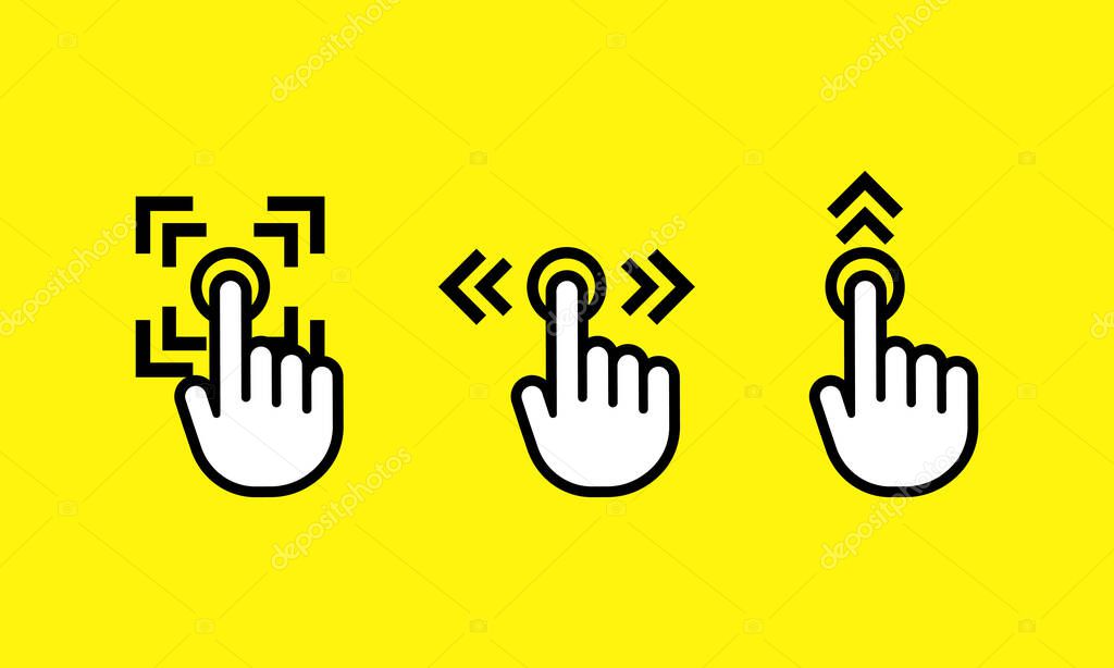 Swipe up. Finger touch screen gestures. Swipe to left right up icon set. Hand finger left, right, up