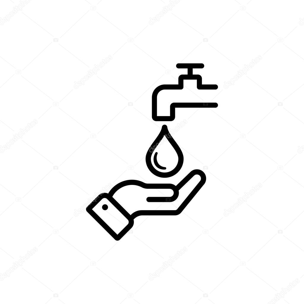 Hand and faucet line icon. Wash hands sign. Save water concept. Drop in a palm. Antivirus and antibacterial protection. Personal hygiene. Vector illustration.