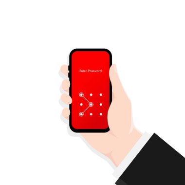 Telefon kilidi ekranı. El ele tutuşan akıllı telefon ekran kilit şifre arayüzü. Ekran kilidi kimlik doğrulama parolası akıllı telefon arkaplan şablonu. Akıllı telefon güvenliği. Vektör.