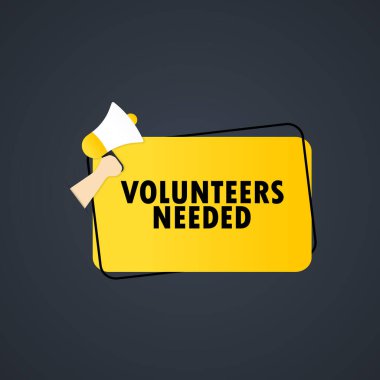 Gönüllülerin sancağa ihtiyacı vardı. Hoparlör. Duyuru. Gönüllülerle dolu bir megafon balon konuşma pankartıyla mesaj istedi. Reklamcılık. Vektör EPS 10. Beyaz arkaplanda izole