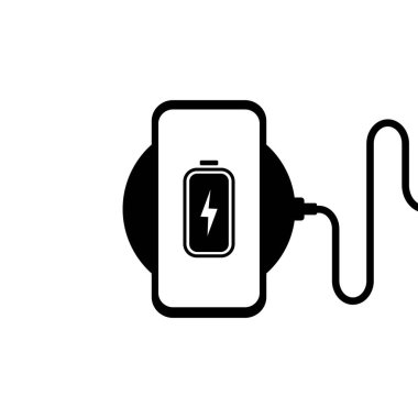 Kablosuz şarj çizimi. Kablosuz şarjda akıllı telefon. Batarya şarj ikonu. Düz kablosuz güç şarjı.