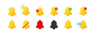 Bir dizi uyarı çanı simgesi. Gelen posta kutusu mesajı için uyarı çanı simgesi. Uygulama için. Alarm ya da dilsiz işareti. Vektör EPS 10. Beyaz arkaplanda izole