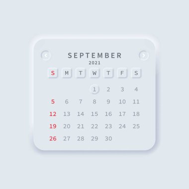 Eylül 2021 takvimi. Neumorphism tarzı. Vektör EPS 10. Beyaz arkaplanda izole.