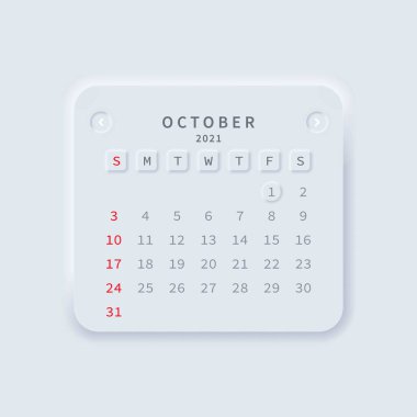 Ekim 2021 takvimi. Neumorphism tarzı. Vektör EPS 10. Beyaz arkaplanda izole.