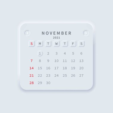 Kasım 2021 takvimi. Neumorphism tarzı. Vektör EPS 10. Beyaz arkaplanda izole.