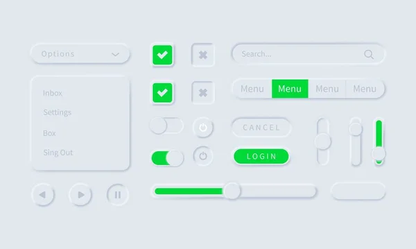 Neumorphism simgeleri. Neumorfik UI UX beyaz kullanıcı arayüzü web düğmeleri ve ui kaydırıcıları. Mobil uygulamalar, web ve sosyal medya için vektör UI UX kiti. Mobil menü ve uygulamalar. Neumorphic ui ux tasarım kiti.
